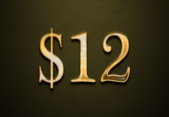 Old gold effect of 12 dollars with 3D glossy style Mockup.	