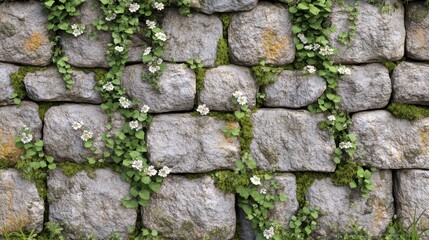 Stone Wall Covered in Lush Greenery and Delicate White Flowers