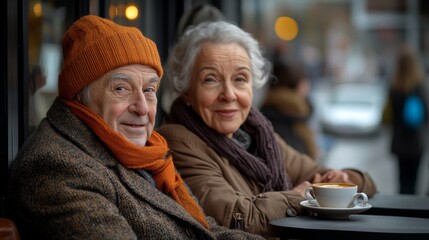 Fototapeta premium Man with a beard and glasses is smiling and wearing a brown hat. He is standing next to a woman. group of old people male and female people smiling, having fun, cofee, a conversation taken