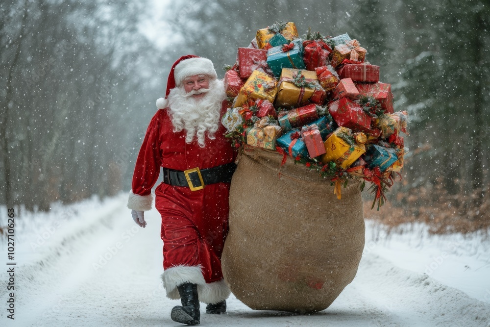 Poster santa claus is walking down a snowy road with a large bag of presents. jolly santa claus is walking 