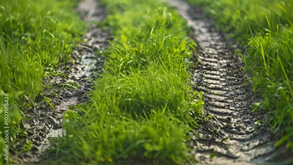 Poster close-up of tire tracks in mud on a grassy path, grassy path with tire tracks and mud splatters