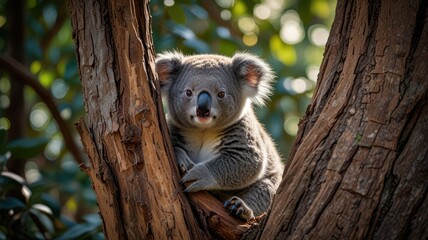 a cuddly koala perched on a tree branch in a sunlit forest. Its soft, gray fur is bathed in warm light, and its large, round eyes gaze out at the world with a sense of curiosity.