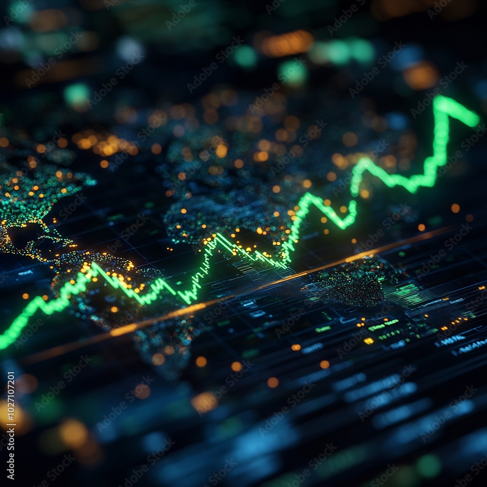Poster futuristic market chart with bitcoin logo overlay showcasing digital price surge with a neon green a