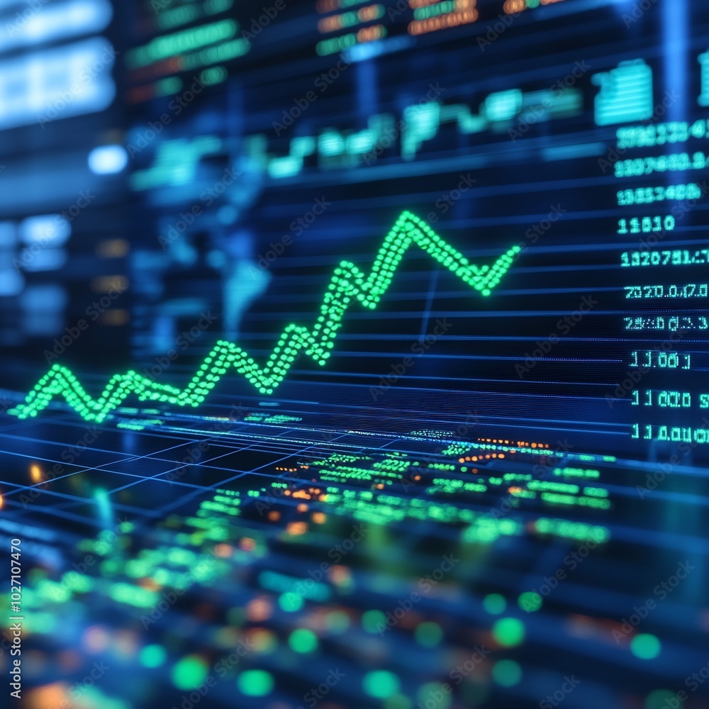 Poster futuristic market chart with bitcoin logo overlay showcasing digital price surge with a neon green a