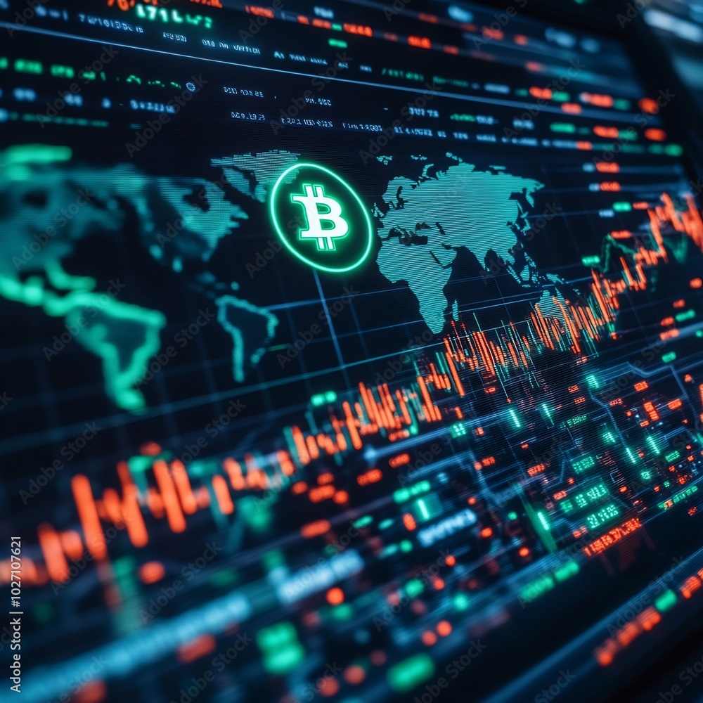 Poster futuristic market chart with bitcoin logo overlay showcasing digital price surge with a neon green a