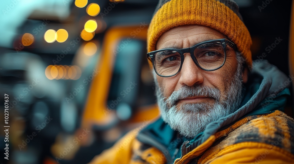 Poster man with a beard and gray hair is standing in front of a workbench. he is wearing a black jacket and
