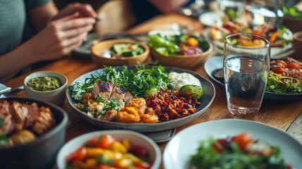 Obraz premium Gathering around a table filled with vibrant dishes during a casual dining experience at lunchtime