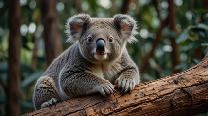 Fototapeta premium a cuddly koala perched on a tree branch in a sunlit forest. Its soft, gray fur is bathed in warm light, and its large, round eyes gaze out at the world with a sense of curiosity.