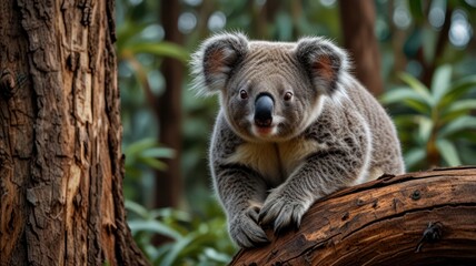 Fototapeta premium a cuddly koala perched on a tree branch in a sunlit forest. Its soft, gray fur is bathed in warm light, and its large, round eyes gaze out at the world with a sense of curiosity.