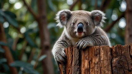 Obraz premium a cuddly koala perched on a tree branch in a sunlit forest. Its soft, gray fur is bathed in warm light, and its large, round eyes gaze out at the world with a sense of curiosity.