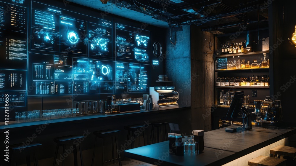 Poster a high-tech cafe with virtual menu displays and holographic tables, seamlessly blending with the phy
