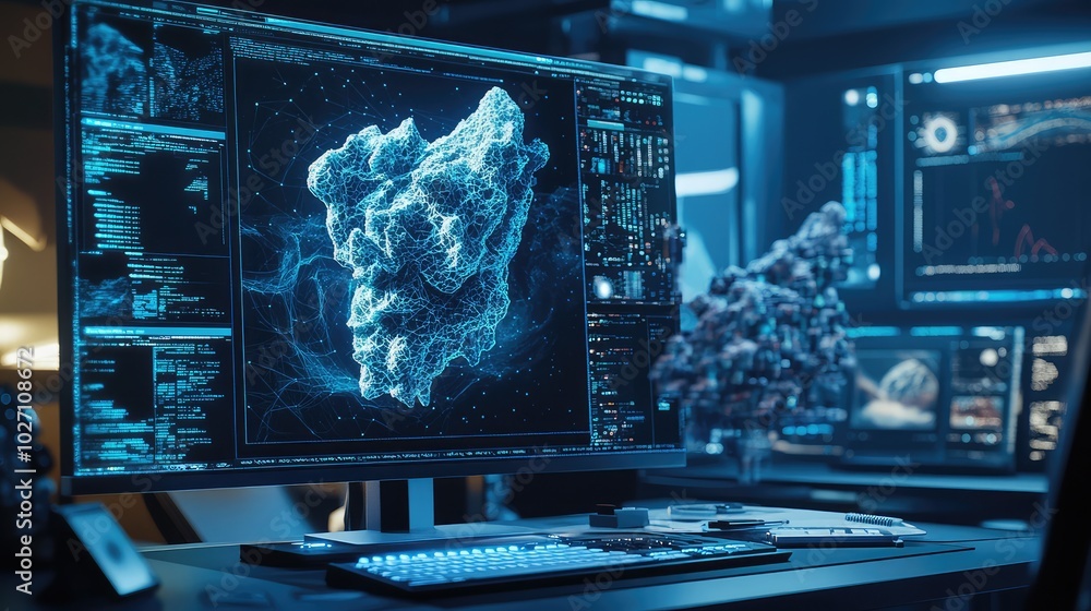 Poster a high-tech workstation showing ai coding a complex 3d sculpture in real-time, with layers of abstra