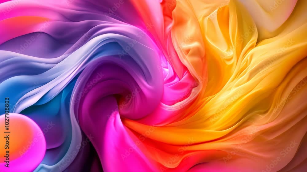 Poster a close-up view of a colorful fabric swirled in a rainbow pattern, showcasing vibrant hues and a sof