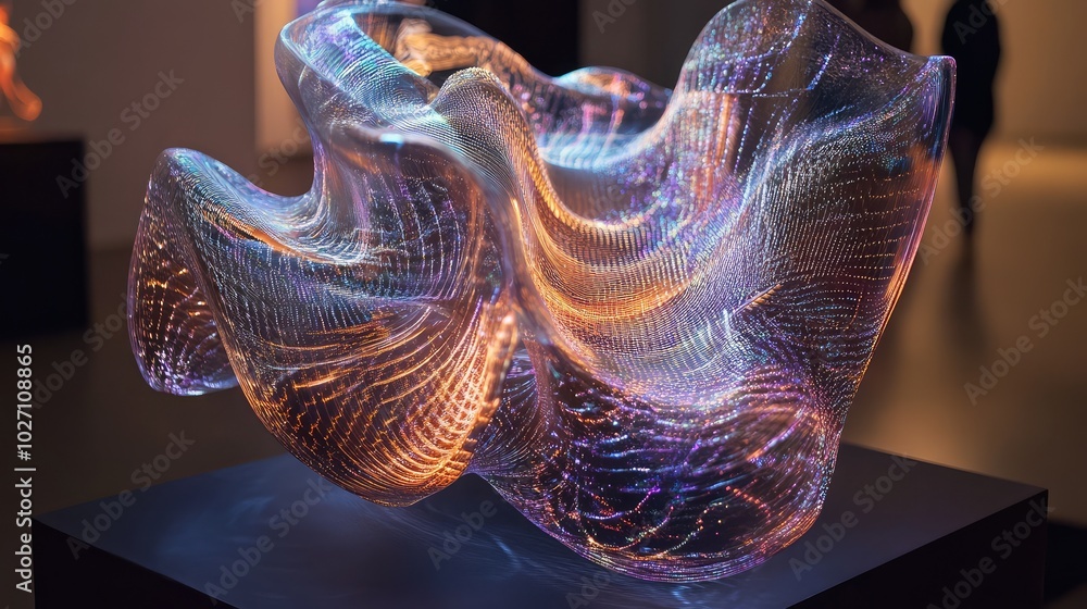 Poster a holographic sculpture rotating in mid-air, showing ai's real-time generation of intricate, abstrac