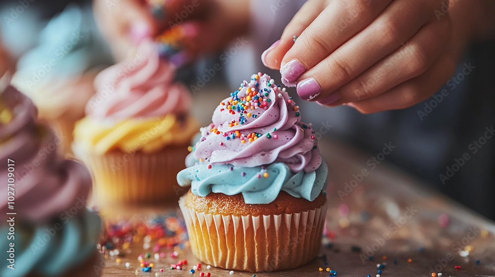 Sticker Person decorating cupcakes with icing, adding finishing touches