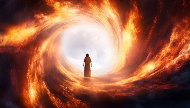 Shadrach, Meshach, and Abednego in the fiery furnace, depicted within a swirling nebula, highlighting their faith amidst trials, with copy space