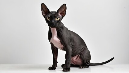 Portrait of Black sphynx cat on grey background