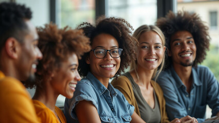 Fototapeta premium A group of people of different nationalities smiling and collaborating in a brightly lit office space, symbolizing inclusivity and teamwork.