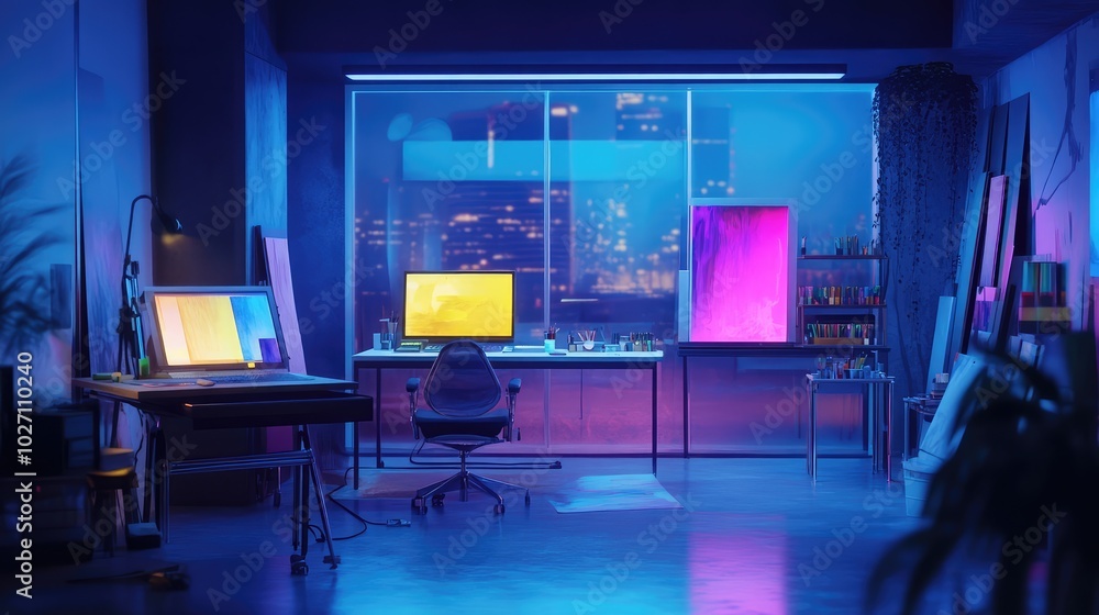 Poster a sleek, high-tech art studio with floating holographic brushes and color palettes controlled by ai 