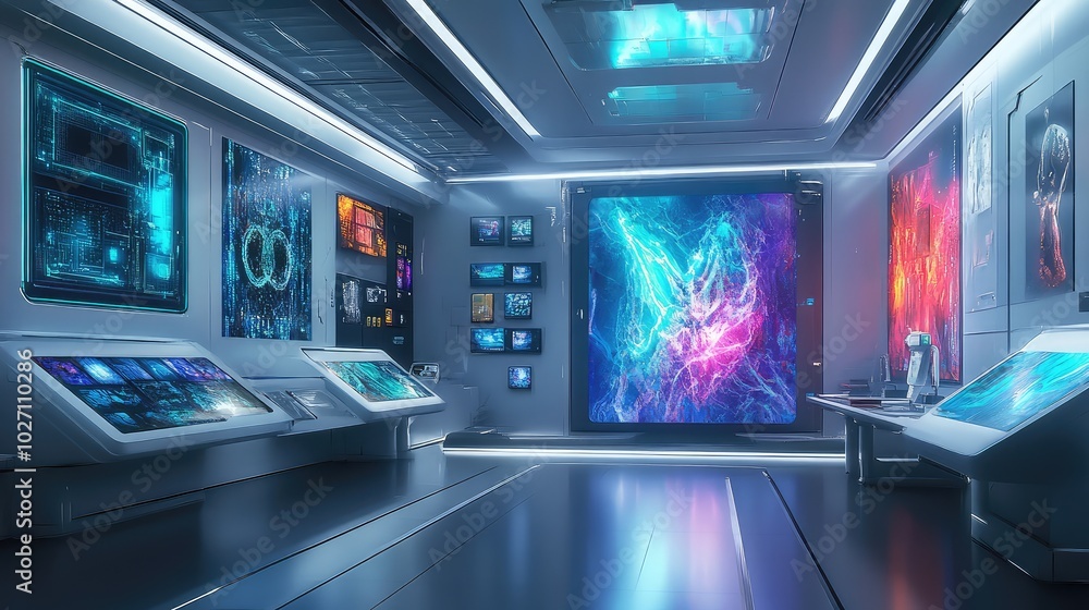 Poster a sleek, high-tech art studio with floating holographic brushes and color palettes controlled by ai 