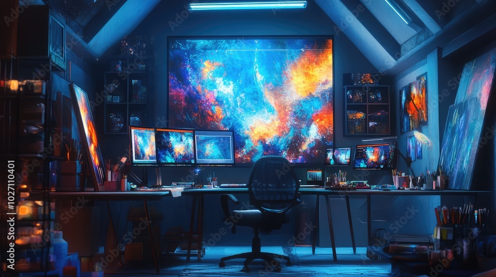 Poster a sleek, high-tech art studio with floating holographic brushes and color palettes controlled by ai 