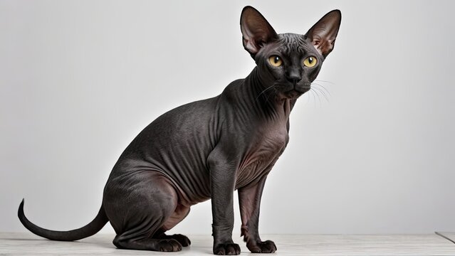 Portrait of Black sphynx cat on grey background