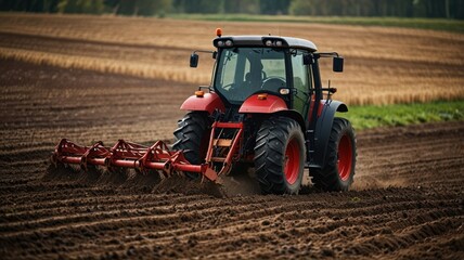 Obraz premium A red tractor with a plow is working the soil in a field.