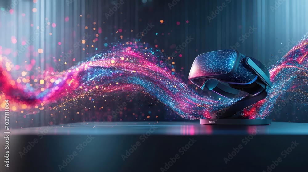 Aufkleber a virtual reality headset placed on a sleek table, with ai-generated abstract visuals being projecte