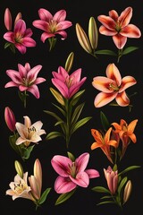 Pink and Orange Flowers on Black Background