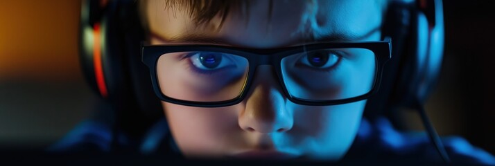 A close-up of a boy wearing glasses and headphones, deeply focused on gaming, with his intense gaze reflected in the screen's glow, against a dark background.