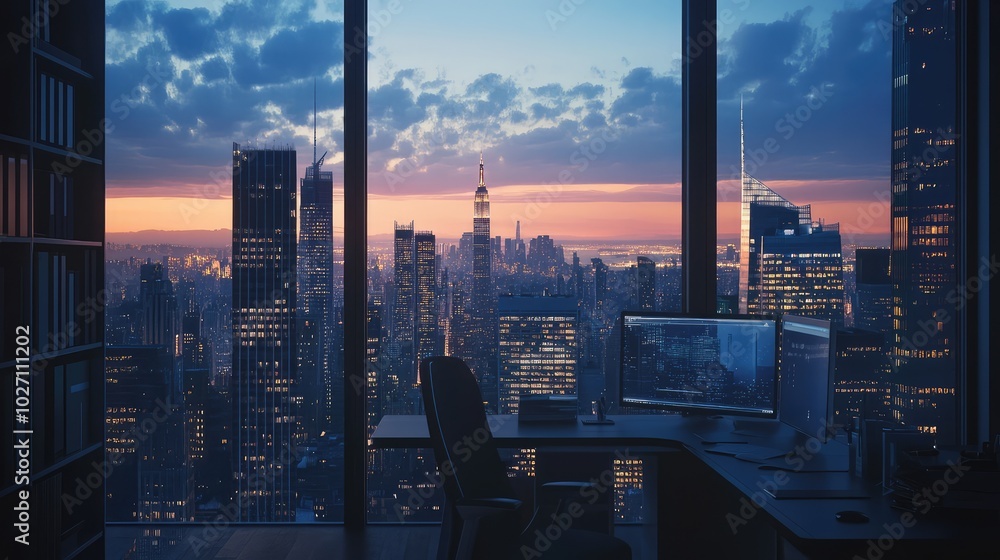 Poster a workspace where digital windows display a virtual skyline blending into the real-world view outsid