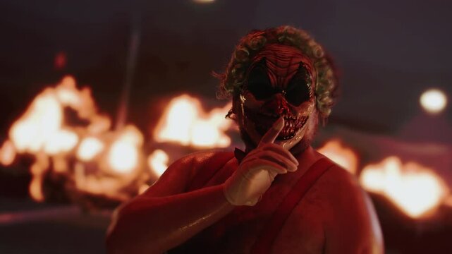 Scary clown making silence gesture in front of fire