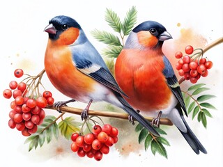 Fototapeta premium Watercolor Bullfinches on Rowan Branch - Tilt-Shift Photography Effect for Nature Lovers