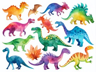 Obraz premium Watercolor Dinosaur Silhouettes Set - Colorful and Artistic Illustrations for Kids and Nature Themes