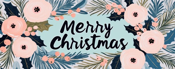Merry Christmas Floral Greeting with Pink Flowers, Berries, and Pine Leaves