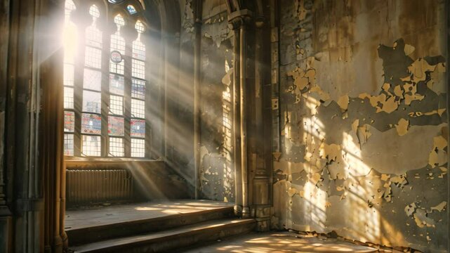 Sunlight streams through a stained-glass window in a crumbling church interior, Highlight the contrast between light and shadow in Gothic interiors