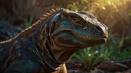 Obraz premium The fearsome Komodo dragon, with its powerful jaws and sharp teeth, is a mixture of brown and black scales that blend perfectly with its surroundings.