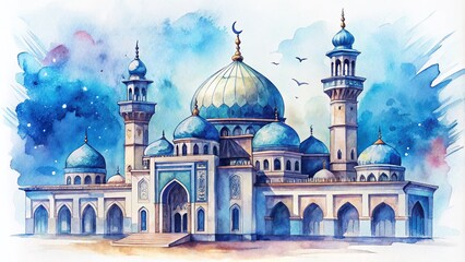 Obraz premium Watercolor Mosque Illustration in Blue Tones for Artistic Decor and Design