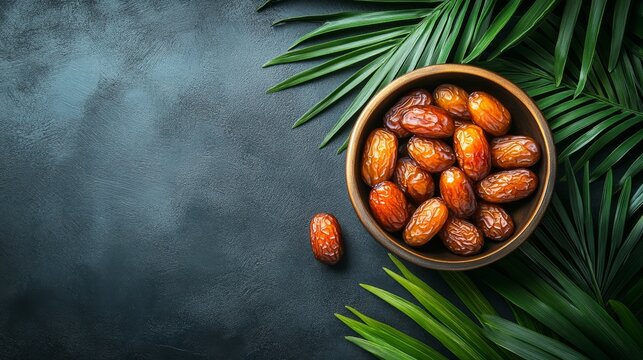 Dates in a Wooden Bowl with Palm Leaves on a Dark Background
