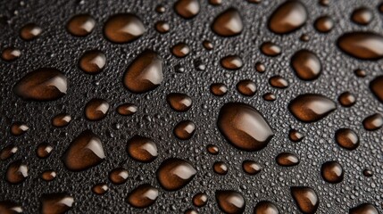 Water Droplets on Black Leather: Macro photography captures the mesmerizing beauty of water droplets scattered across a smooth black leather surface.