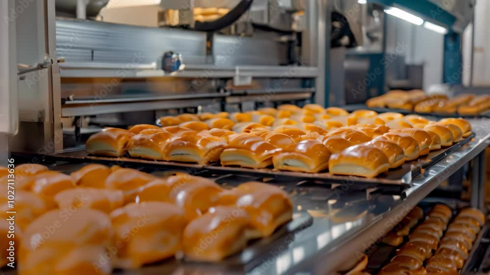 Poster golden-brown bread rolls move on a conveyor belt, showing off automated baking efficiency, highlight