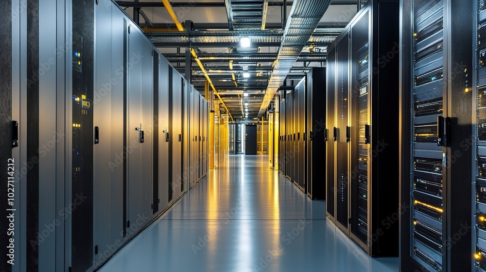 Aufkleber modern data center with server racks and illuminated aisles