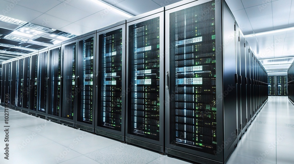 Poster modern data center with server racks and high technology