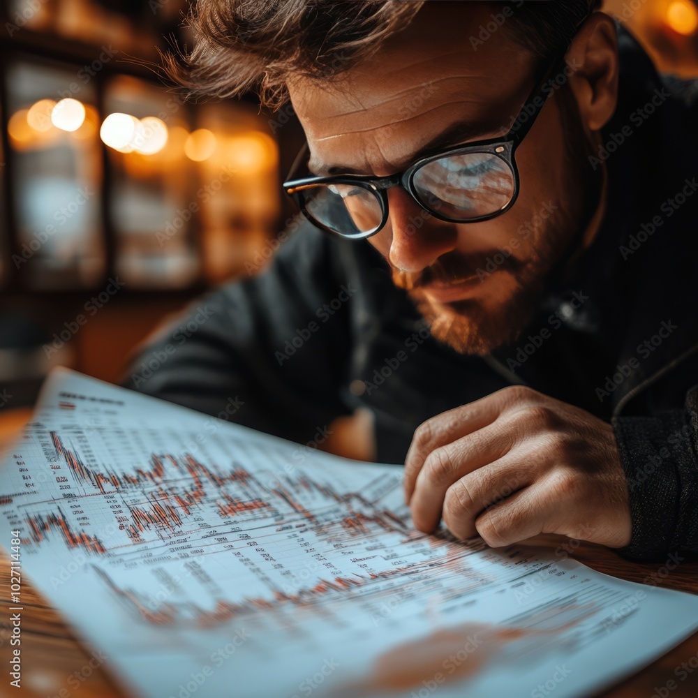 Sticker A man with a beard wearing glasses reads a document with charts and graphs.