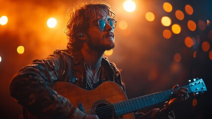 Obraz premium A man with a guitar is playing in front of a crowd