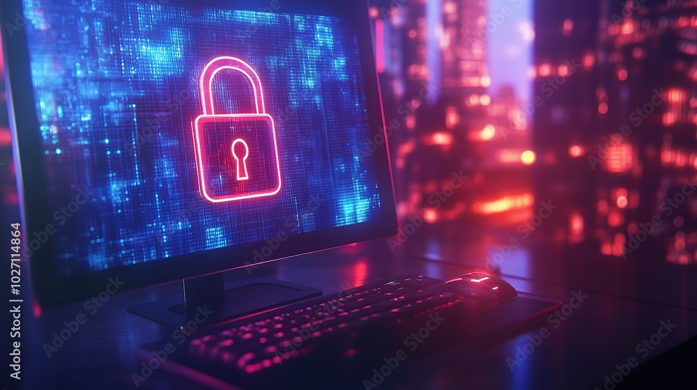 Poster digital security lock on computer screen at night