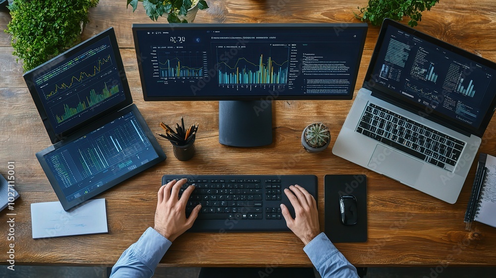 Poster modern workspace with multiple screens and data analysis