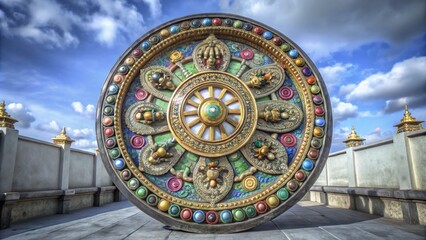 Fototapeta premium Wheel of Dharma - Symbol of Buddhism and Path to Nirvana in Serene Product Photography