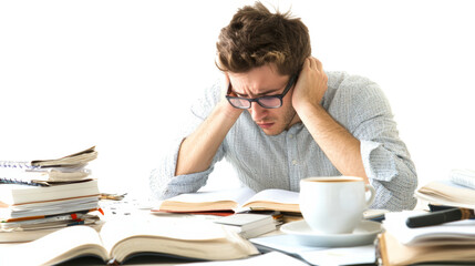Overwhelmed Student Studying with Books and Coffee.
