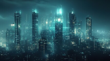 Obraz premium Futuristic Cityscape with Neon Lights and Fog